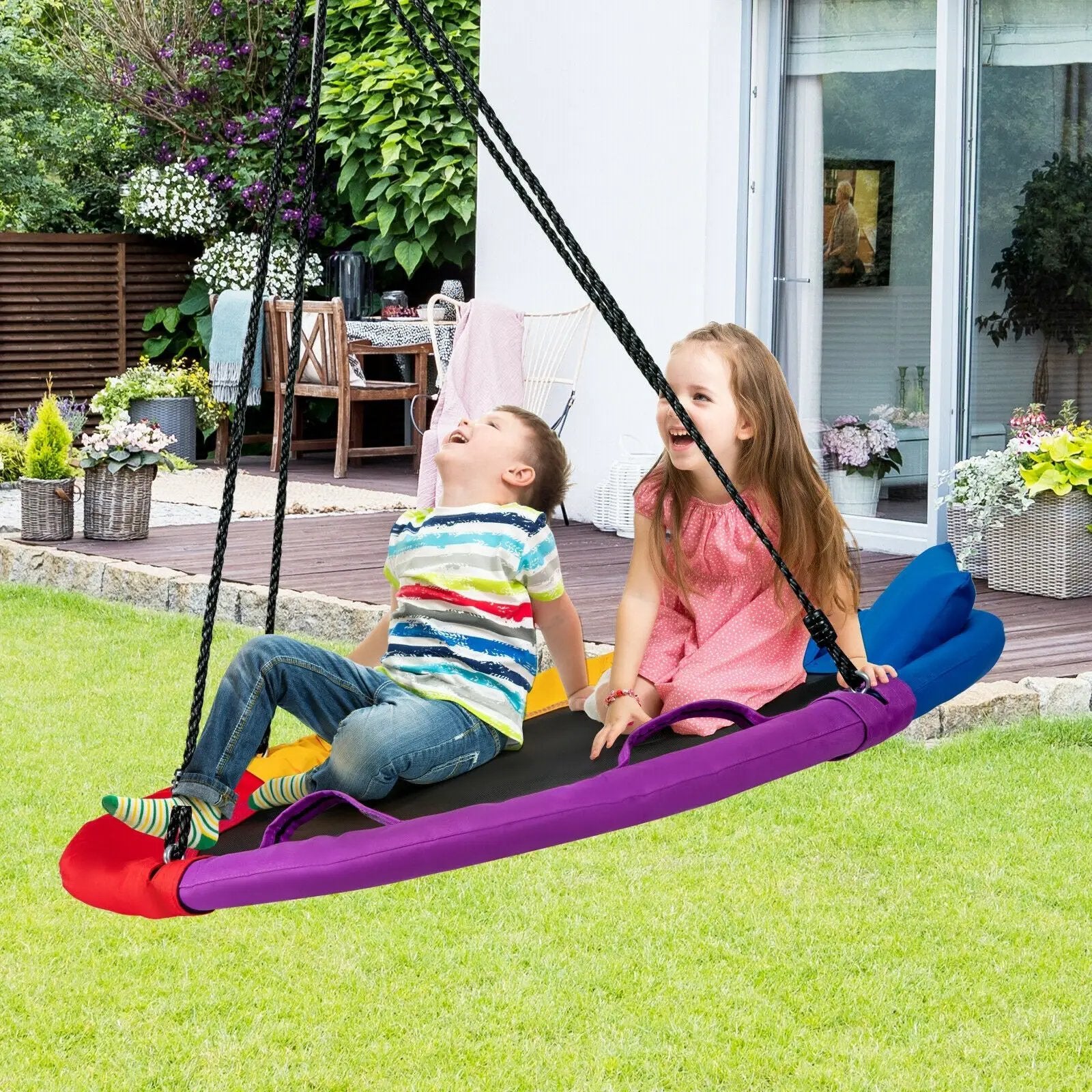 40 inch Saucer Tree Outdoor Round Platform Swing with Pillow and Handle-Multicolor by DirectDeals