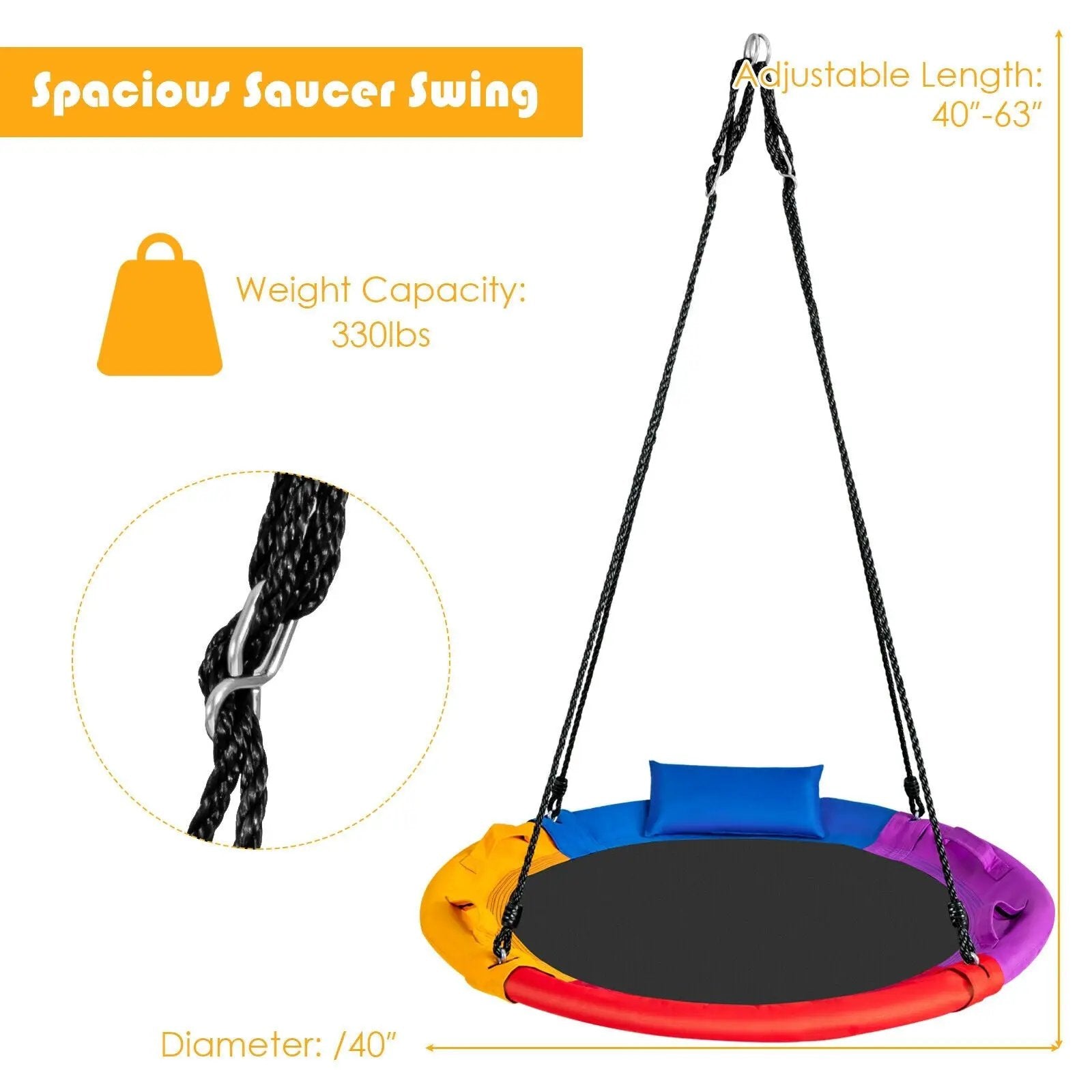 40 inch Saucer Tree Outdoor Round Platform Swing with Pillow and Handle-Multicolor by DirectDeals