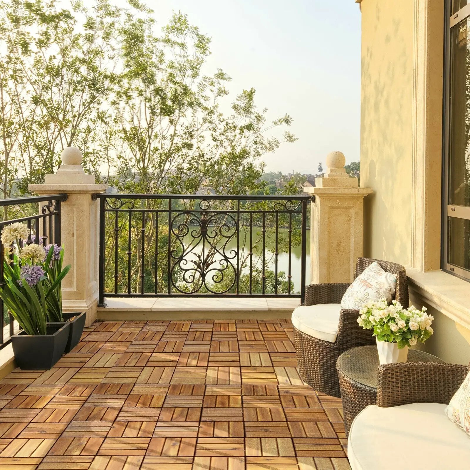 27 Pieces 12 x 12 Inch Acacia Wood Interlocking Patio Deck Tile by DirectDeals