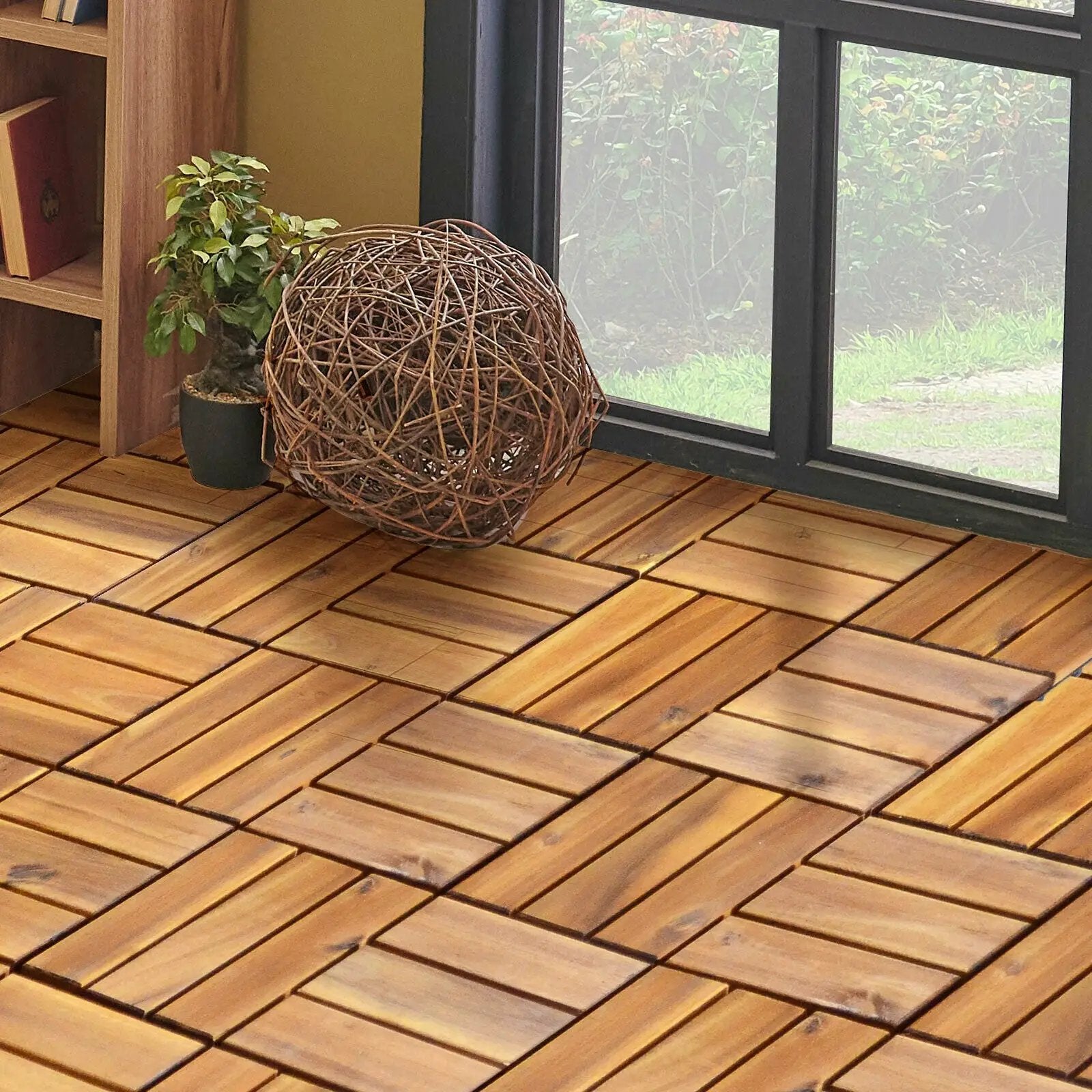 27 Pieces 12 x 12 Inch Acacia Wood Interlocking Patio Deck Tile by DirectDeals