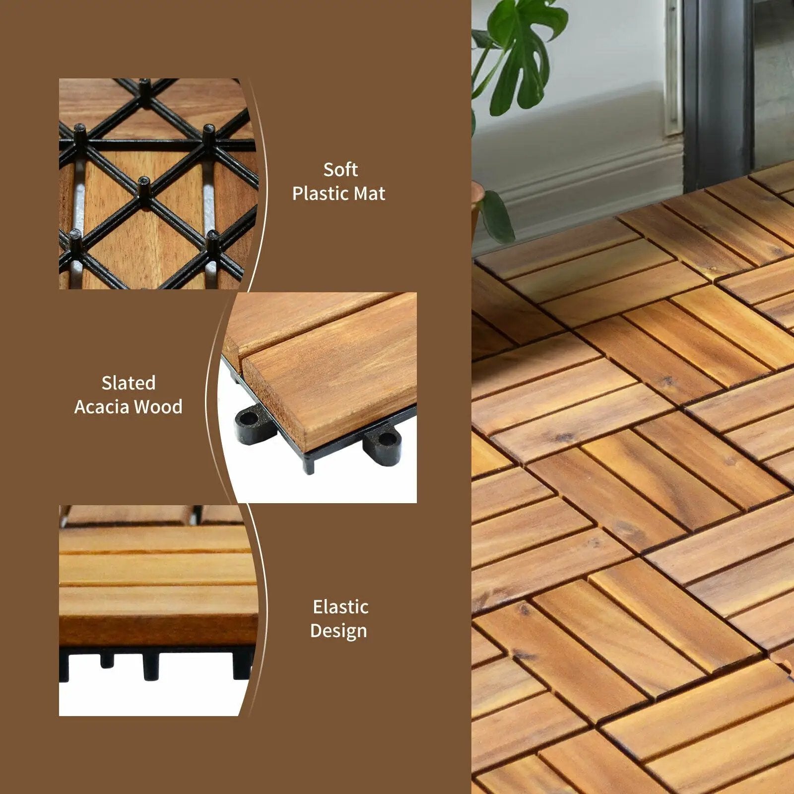 27 Pieces 12 x 12 Inch Acacia Wood Interlocking Patio Deck Tile by DirectDeals