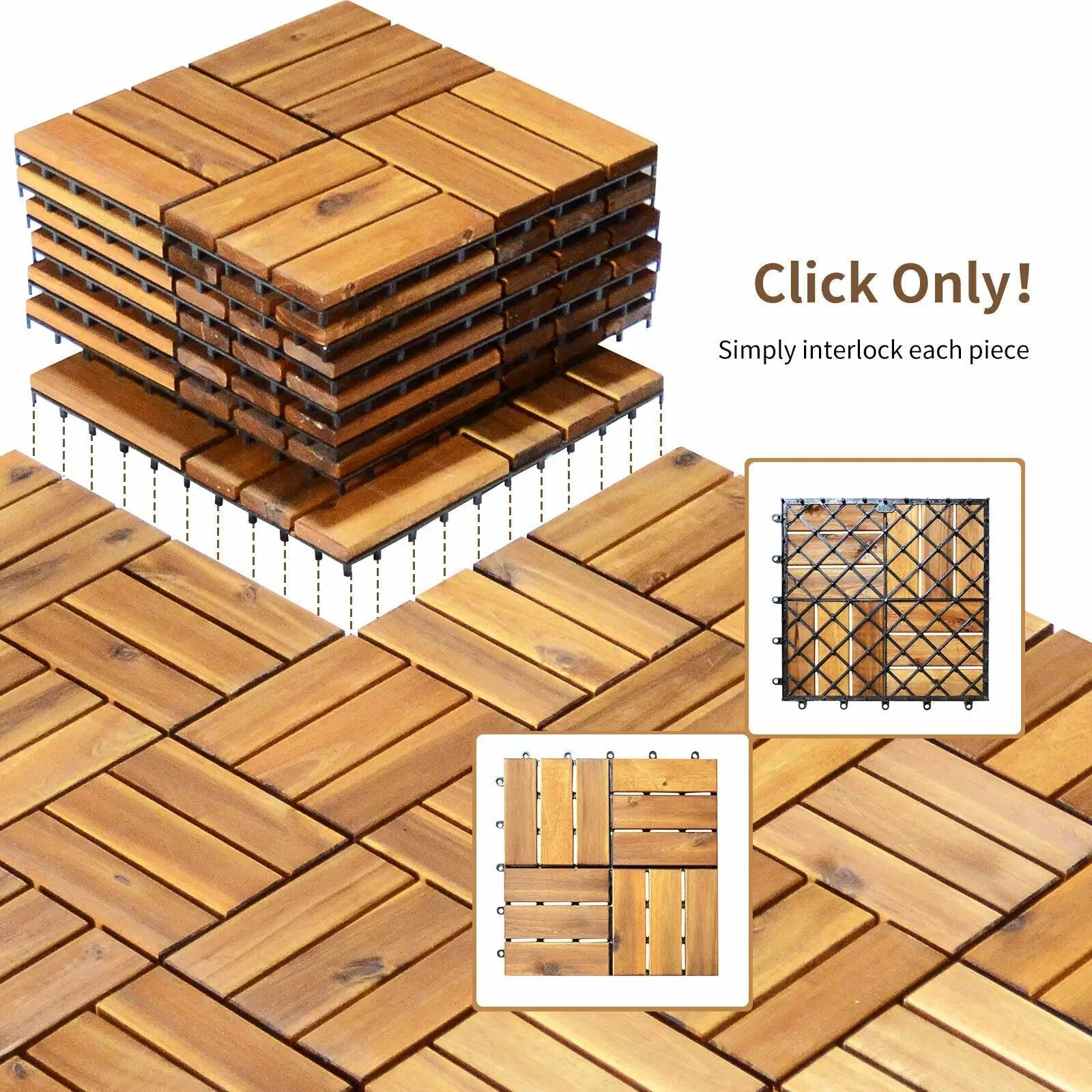 27 Pieces 12 x 12 Inch Acacia Wood Interlocking Patio Deck Tile by DirectDeals