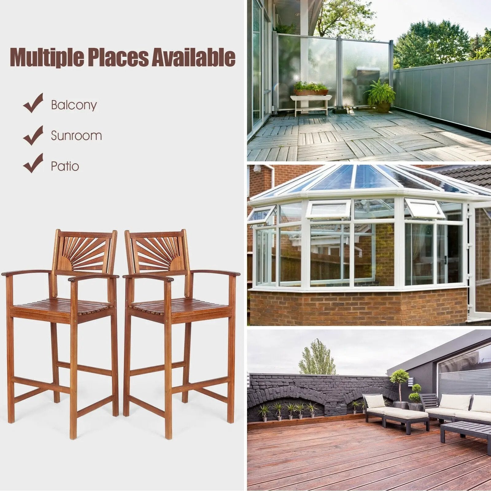 2 Pieces Outdoor Acacia Wood Bar Chairs with Sunflower Backrest and Armrests by DirectDeals