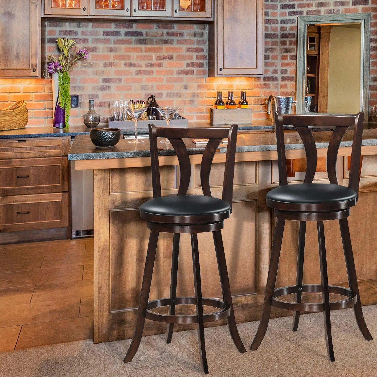 Set of 2 Swivel Bar stool 24 Inch Counter Height Leather Padded Dining Kitchen Chair by DirectDeals