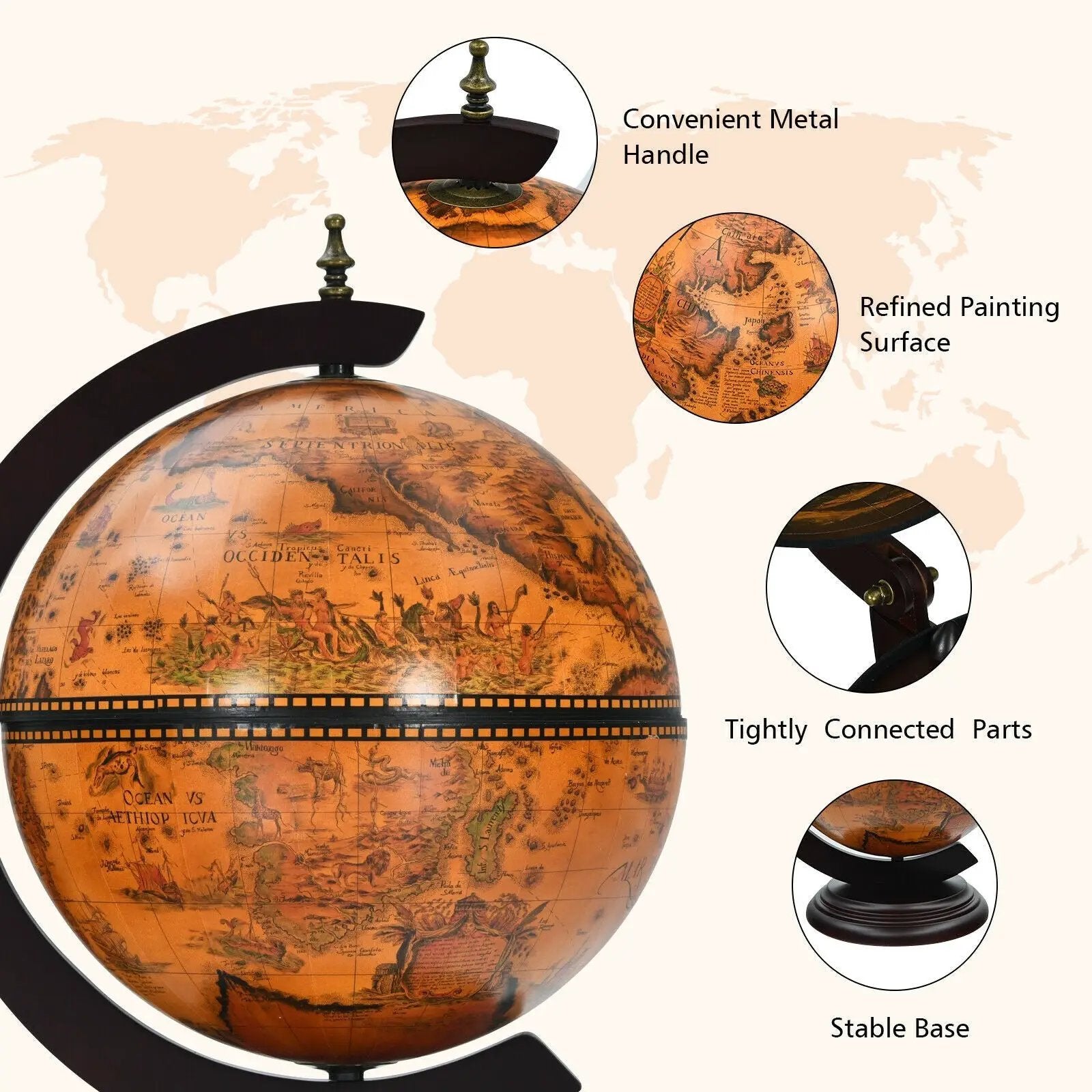 19 Inch 16th Century Nautical Map Tabletop Globe Wine Cabinet-Brown by DirectDeals