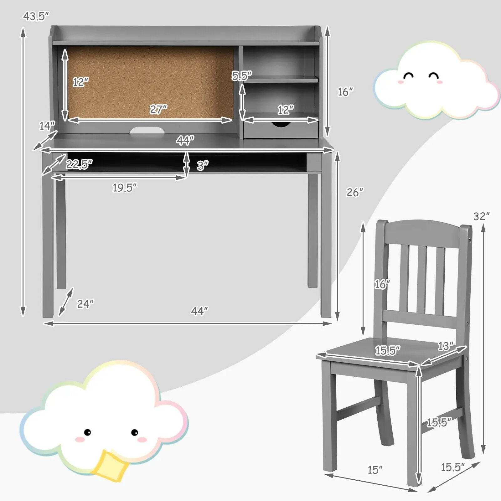 Kids Desk and Chair Set Study Writing Desk with Hutch and Bookshelves by DirectDeals