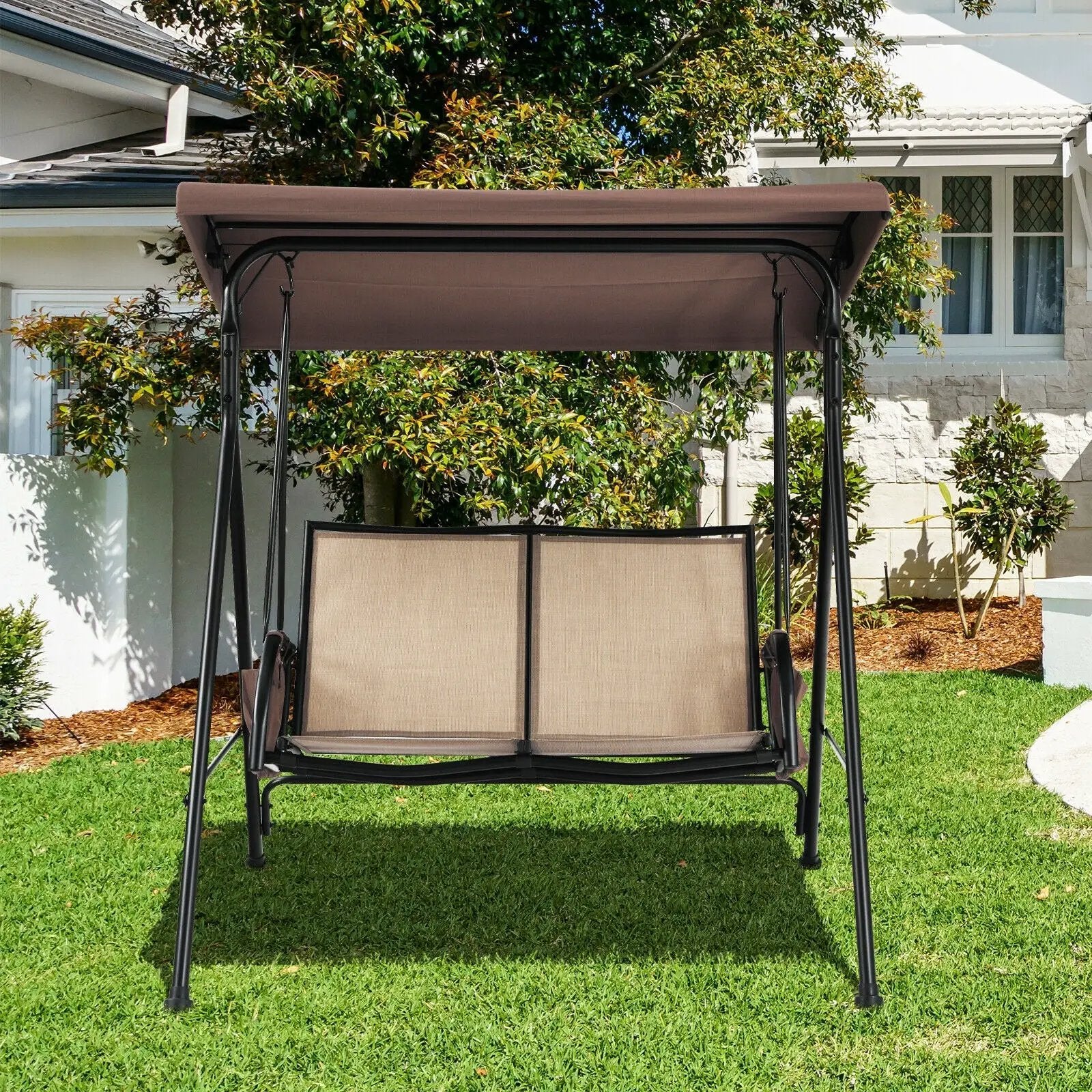 2-Person Patio Swing with Adjustable Canopy and 2 Storage Pocket-Brown by DirectDeals