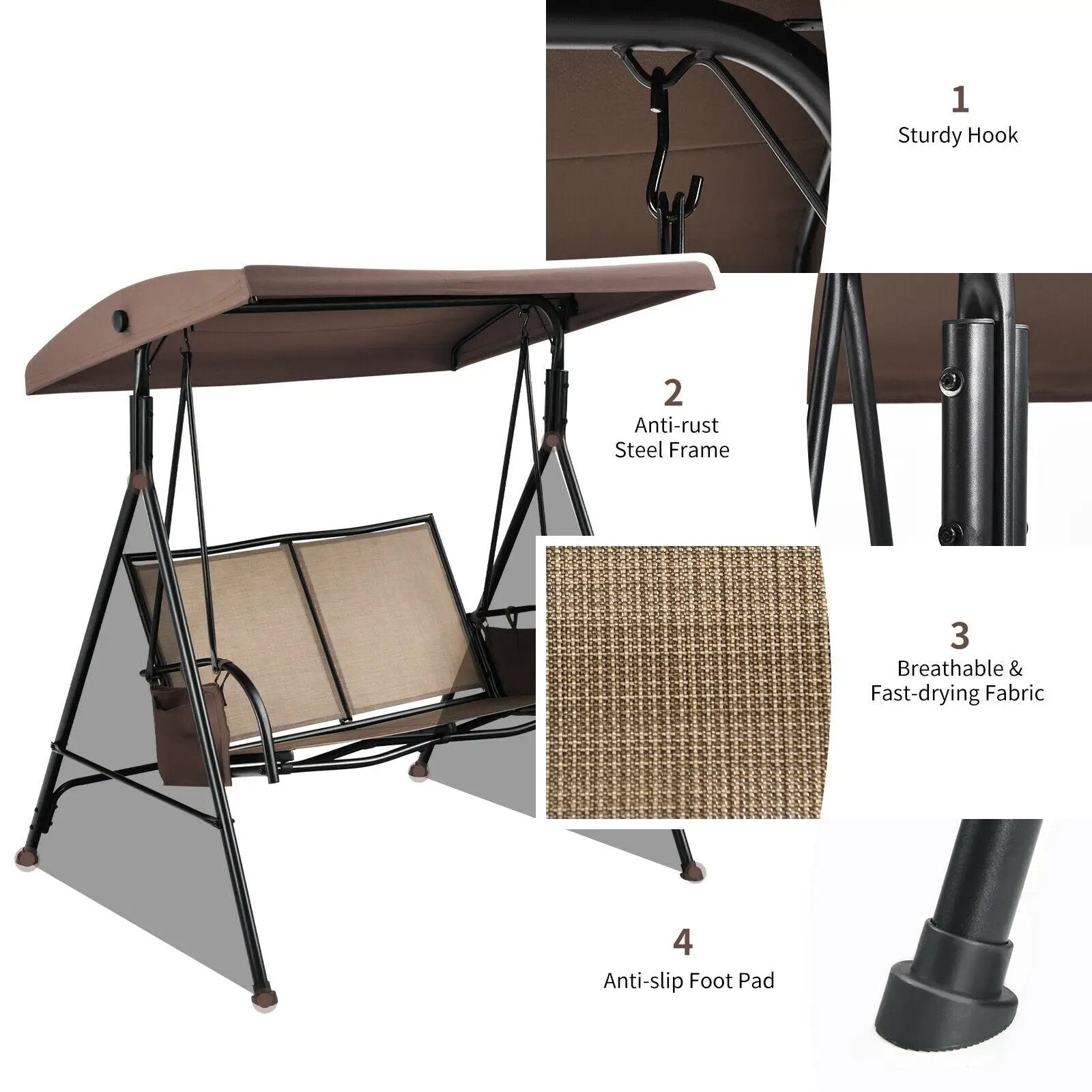 2-Person Patio Swing with Adjustable Canopy and 2 Storage Pocket-Brown by DirectDeals