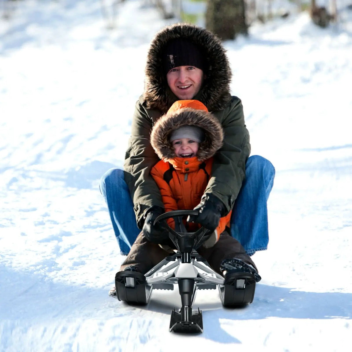 Kids Snow Sled with Steering Wheel and Double Brakes Pull Rope, photo 2 of 16