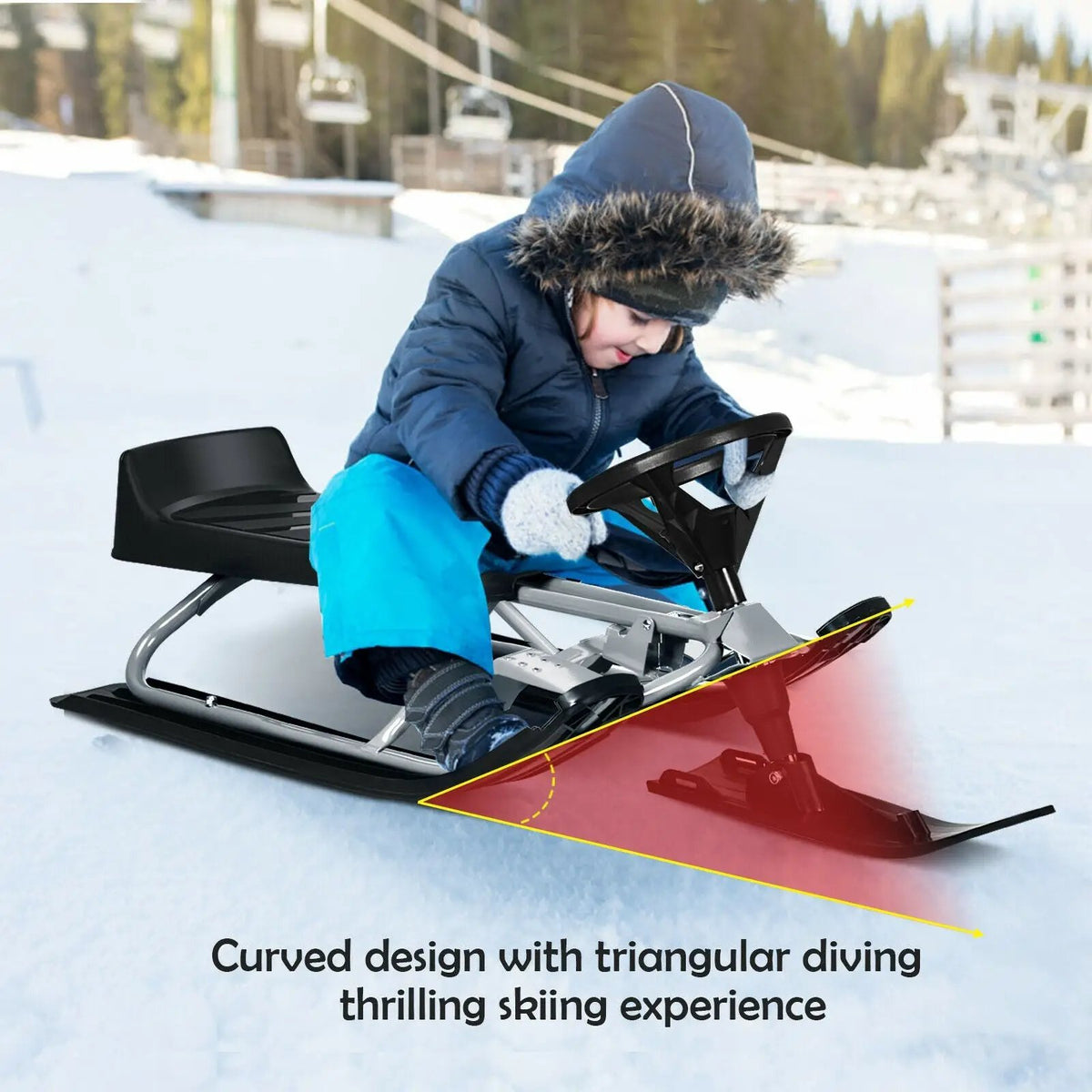 Kids Snow Sled with Steering Wheel and Double Brakes Pull Rope, photo 14 of 16