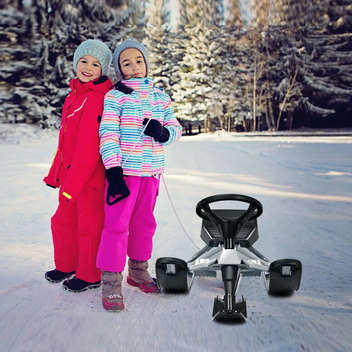 Kids Snow Sled with Steering Wheel and Double Brakes Pull Rope, photo 4 of 16