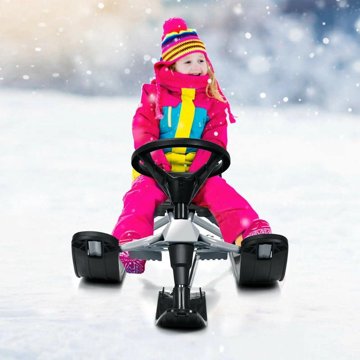 Kids Snow Sled with Steering Wheel and Double Brakes Pull Rope, photo 12 of 16