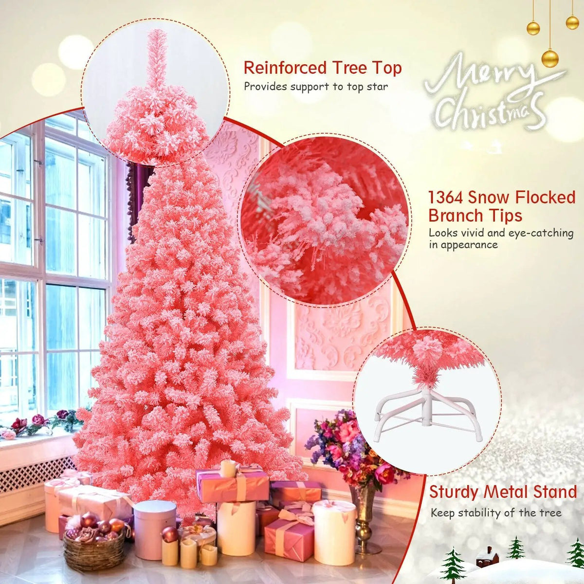 Pink Christmas Tree with Snow Flocked PVC Tips and Metal Stand, photo 12 of 24