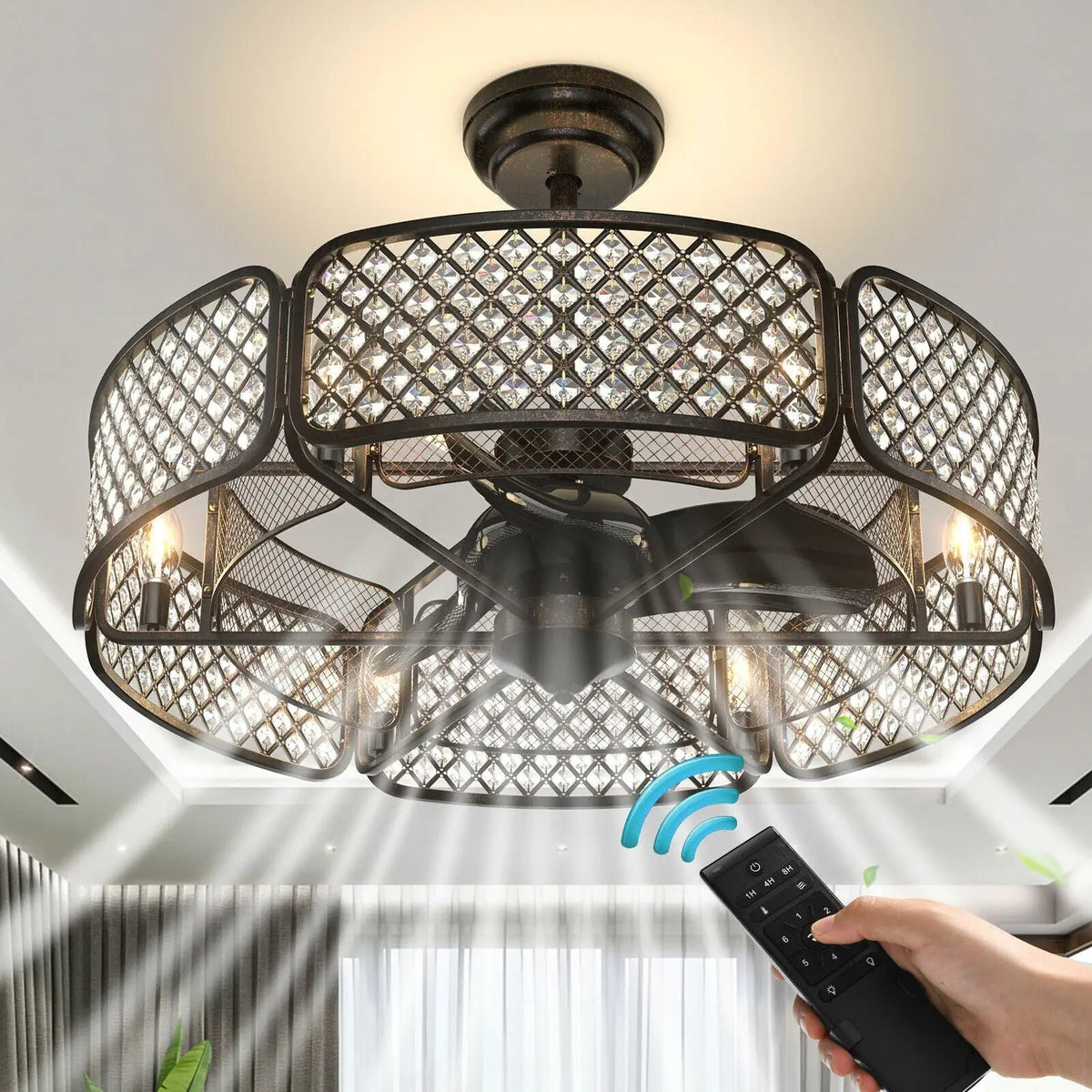 30 Inch Caged Ceiling Fan With Light Crystal Lampshade 6 Light Bases, photo 6 of 9