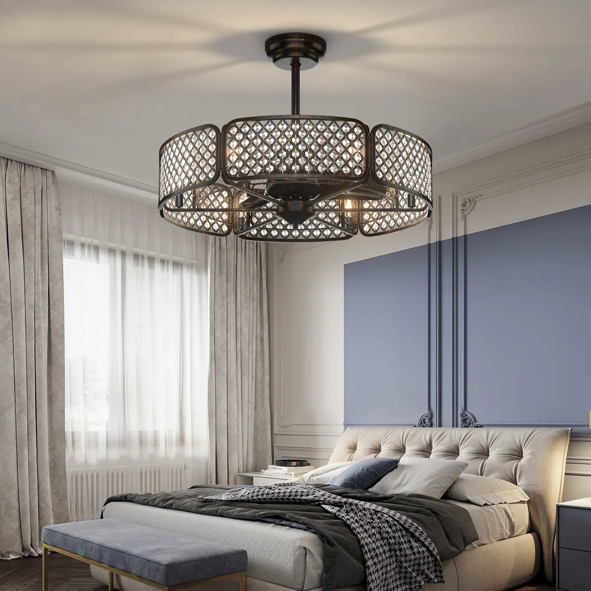 30 Inch Caged Ceiling Fan With Light Crystal Lampshade 6 Light Bases, photo 7 of 9