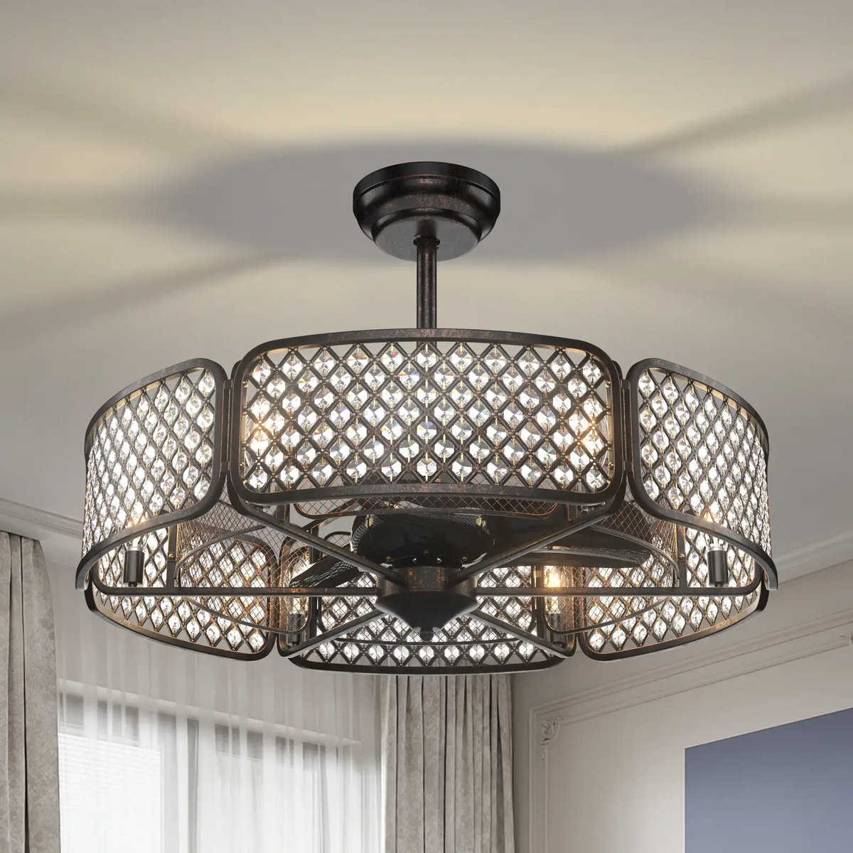30 Inch Caged Ceiling Fan With Light Crystal Lampshade 6 Light Bases, photo 8 of 9