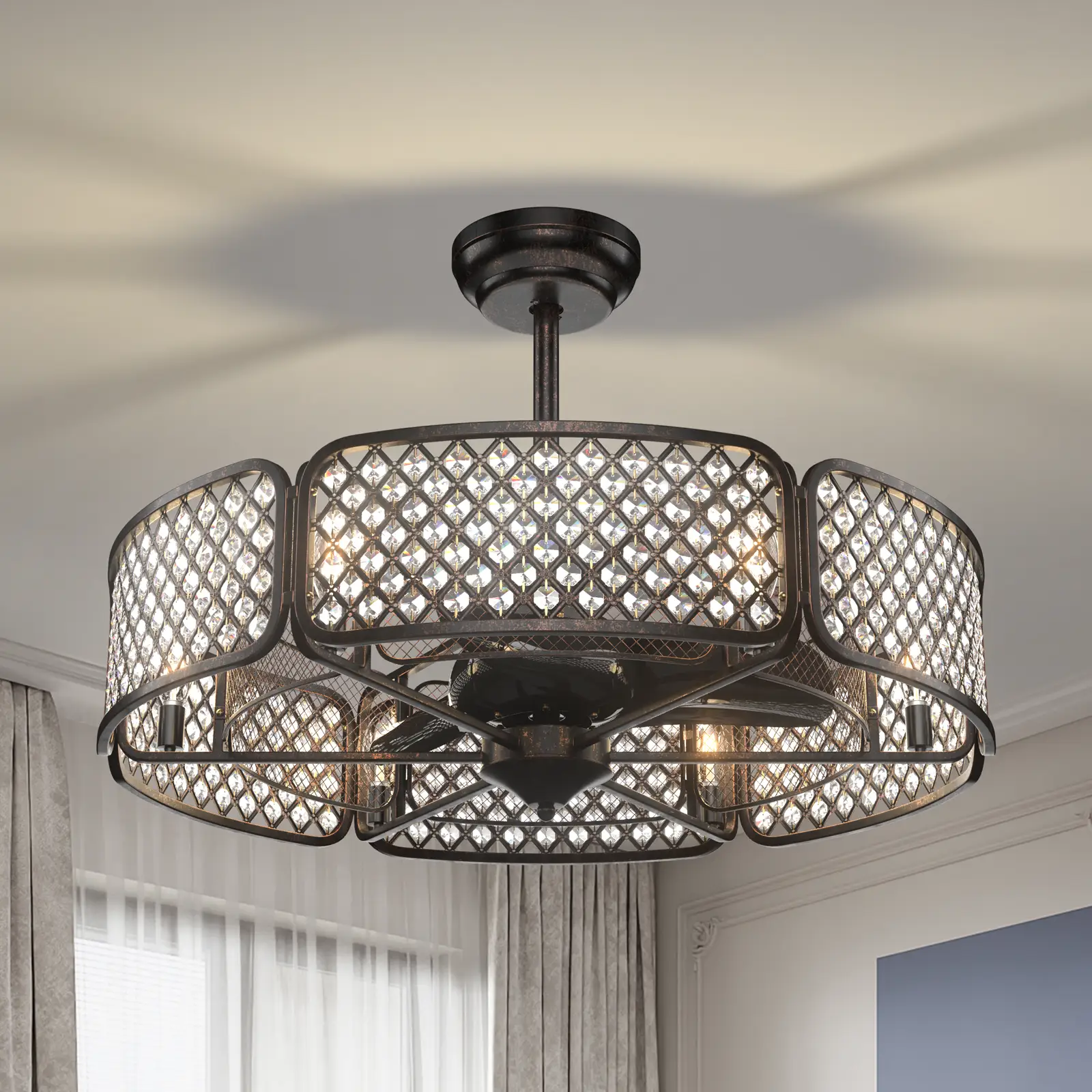30 Inch Caged Ceiling Fan With Light Crystal Lampshade 6 Light Bases by DirectDeals