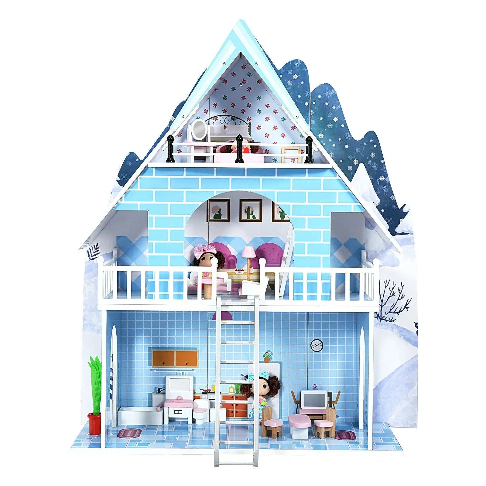 Wooden Dollhouse 3-Story Pretend Playset with Furniture and Doll Gift for Age 3+ Year by DirectDeals