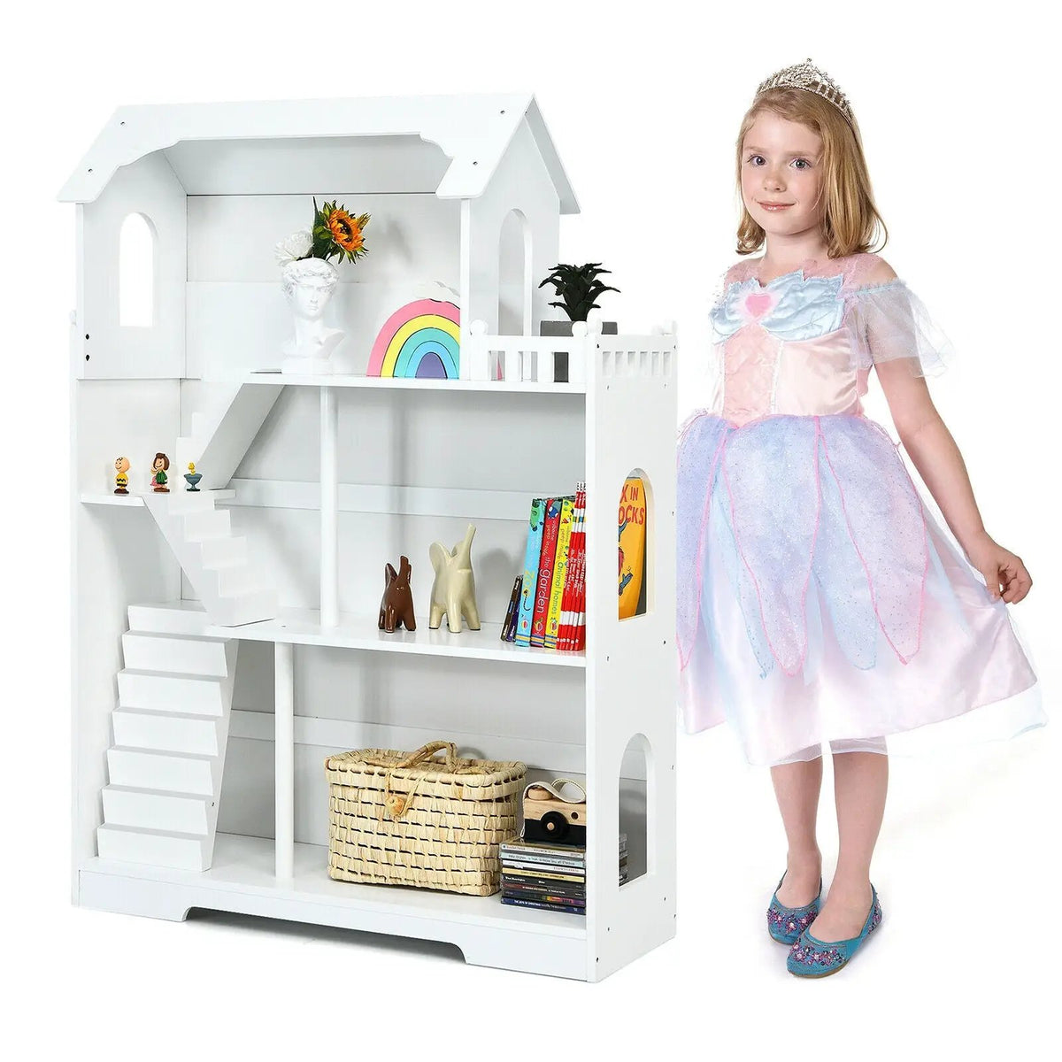 Kids Wooden Dollhouse Bookshelf with Anti-Tip Design and Storage Space, photo 6 of 16