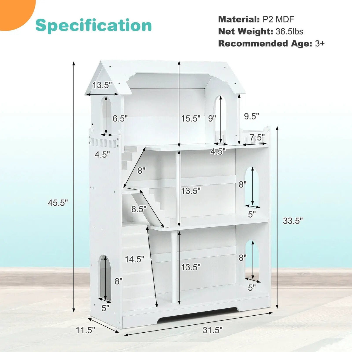 Kids Wooden Dollhouse Bookshelf with Anti-Tip Design and Storage Space, photo 10 of 16