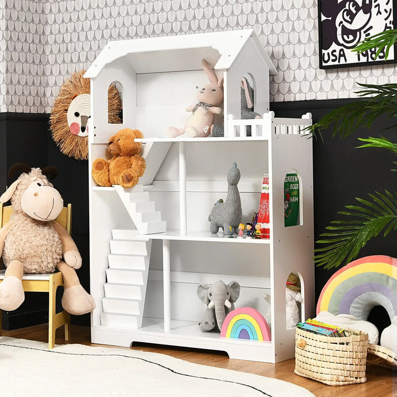 Kids Wooden Dollhouse Bookshelf with Anti-Tip Design and Storage Space by DirectDeals
