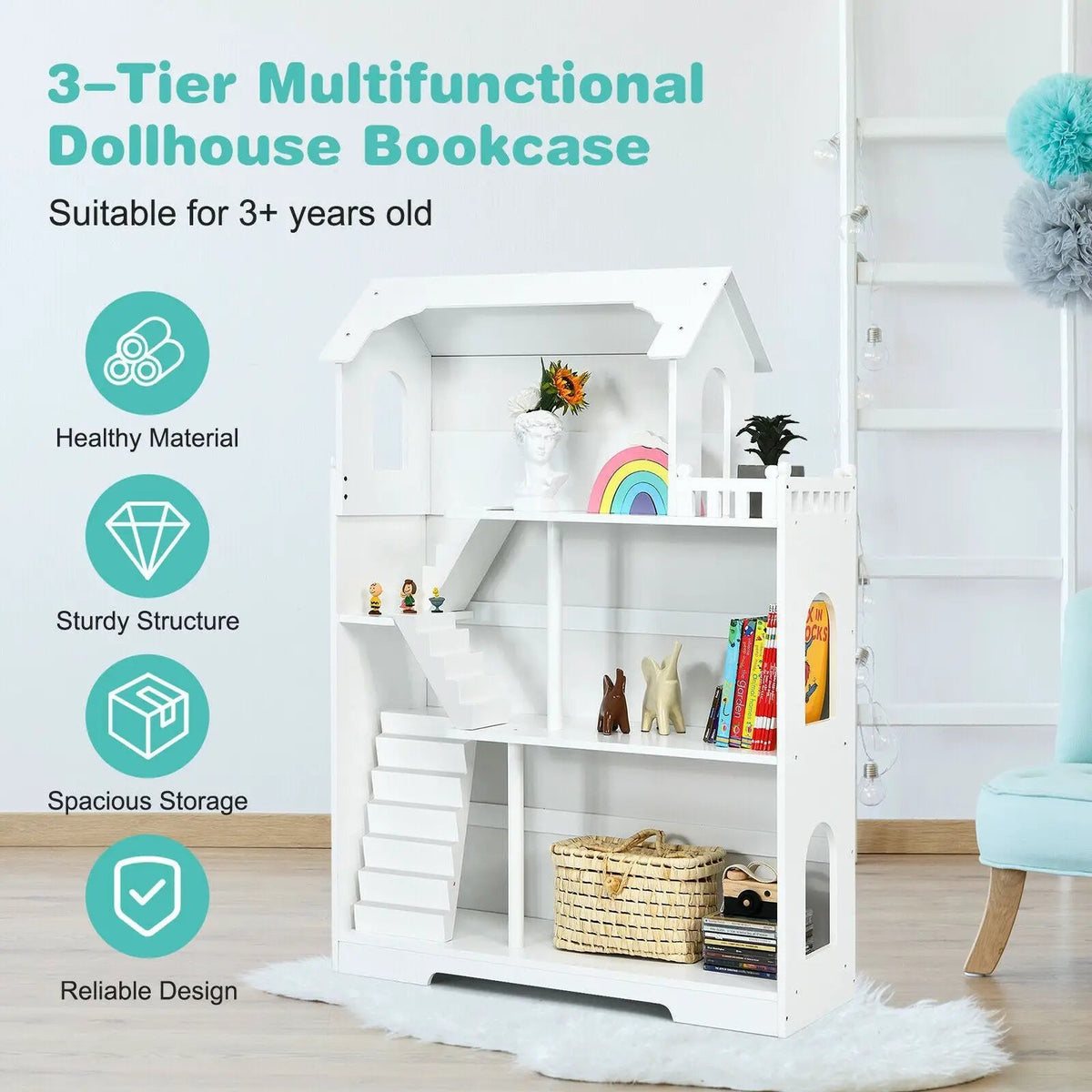 Kids Wooden Dollhouse Bookshelf with Anti-Tip Design and Storage Space, photo 4 of 16