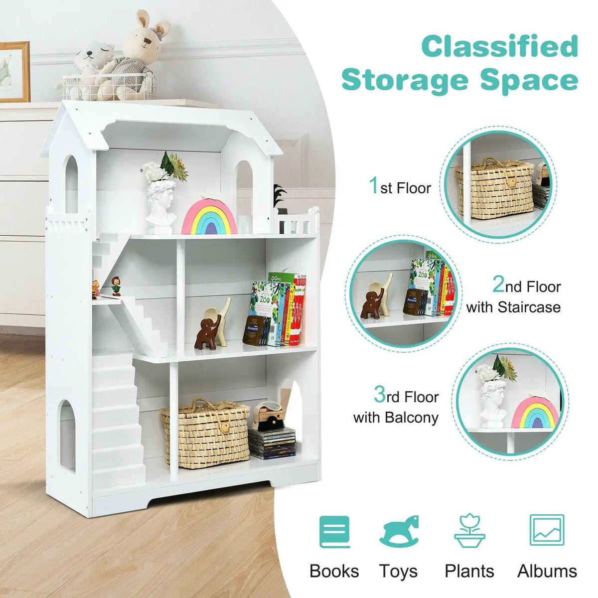 Kids Wooden Dollhouse Bookshelf with Anti-Tip Design and Storage Space, photo 14 of 16