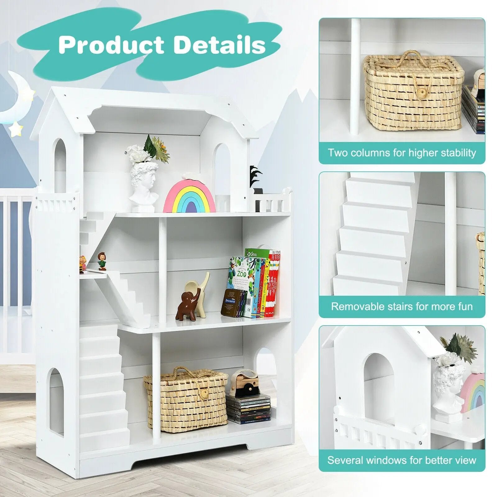 Kids Wooden Dollhouse Bookshelf with Anti-Tip Design and Storage Space by DirectDeals
