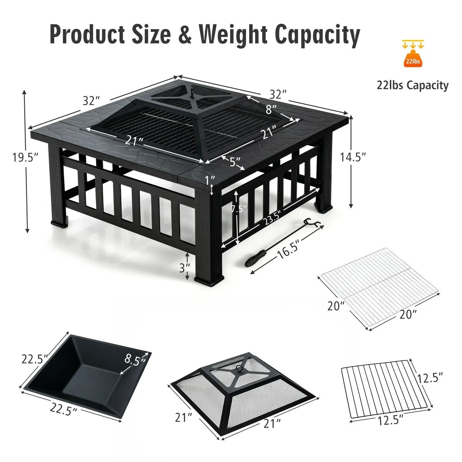 32 Inch 3 in 1 Outdoor Square Fire Pit Table with BBQ Grill and Rain Cover for Camping by DirectDeals