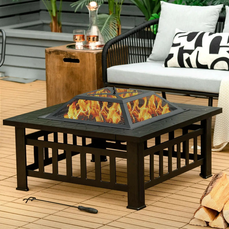 32 Inch 3 in 1 Outdoor Square Fire Pit Table with BBQ Grill and Rain Cover for Camping by DirectDeals