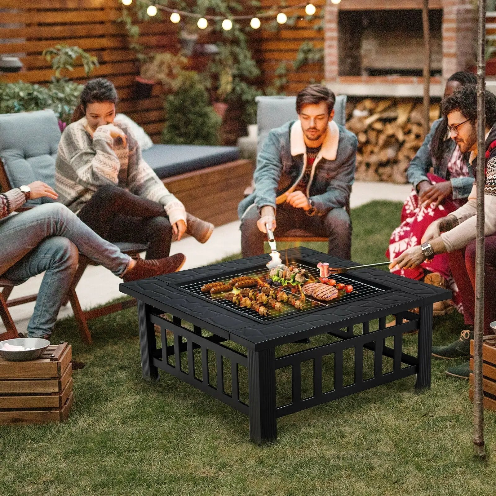 32 Inch 3 in 1 Outdoor Square Fire Pit Table with BBQ Grill and Rain Cover for Camping by DirectDeals