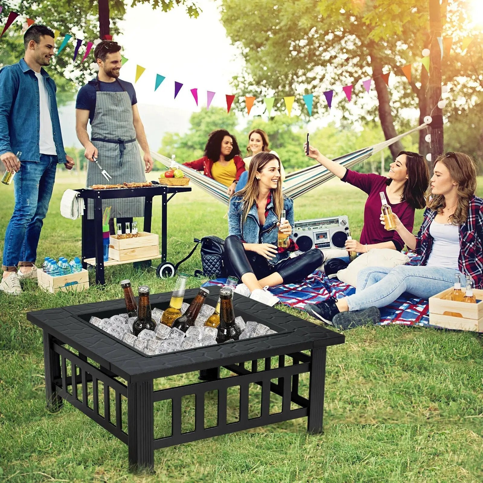 32 Inch 3 in 1 Outdoor Square Fire Pit Table with BBQ Grill and Rain Cover for Camping by DirectDeals