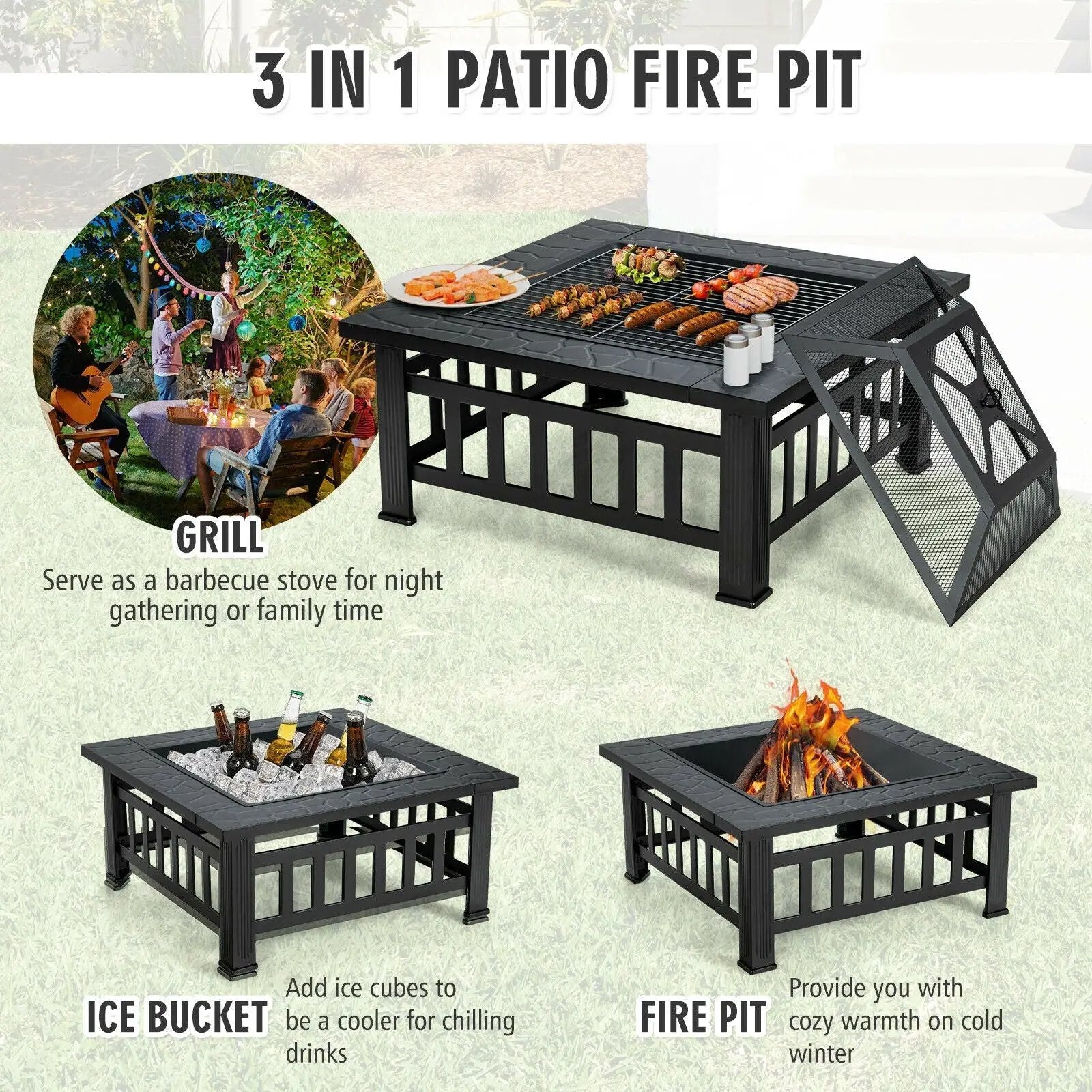 32 Inch 3 in 1 Outdoor Square Fire Pit Table with BBQ Grill and Rain Cover for Camping by DirectDeals
