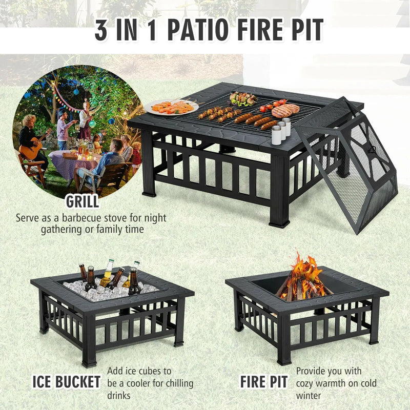 32 Inch 3 in 1 Outdoor Square Fire Pit Table with BBQ Grill and Rain Cover for Camping by DirectDeals