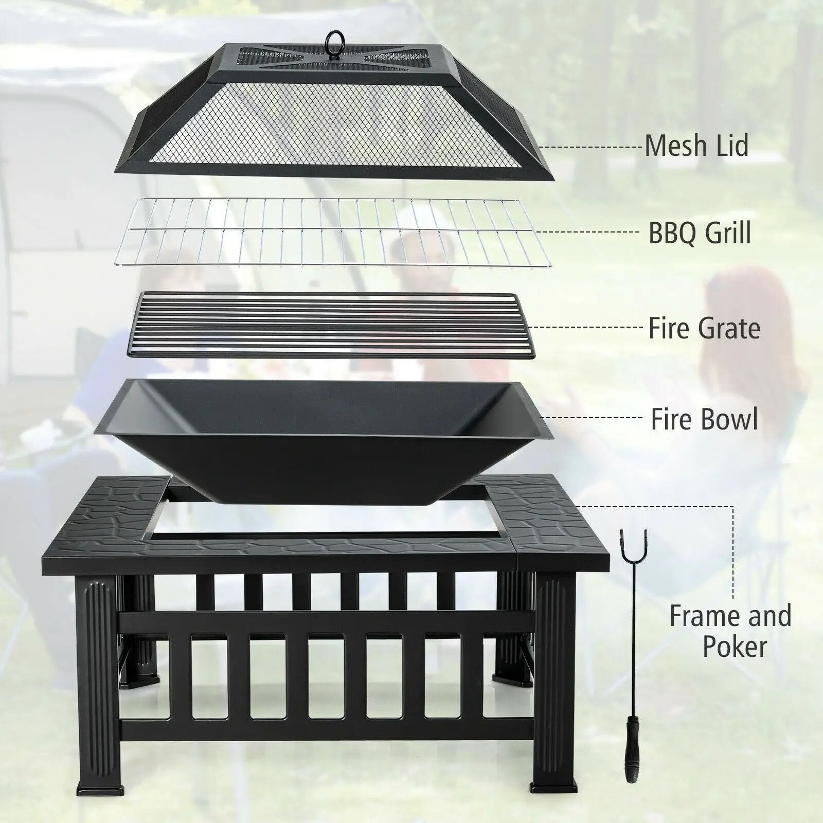 32 Inch 3 in 1 Outdoor Square Fire Pit Table with BBQ Grill and Rain Cover for Camping by DirectDeals