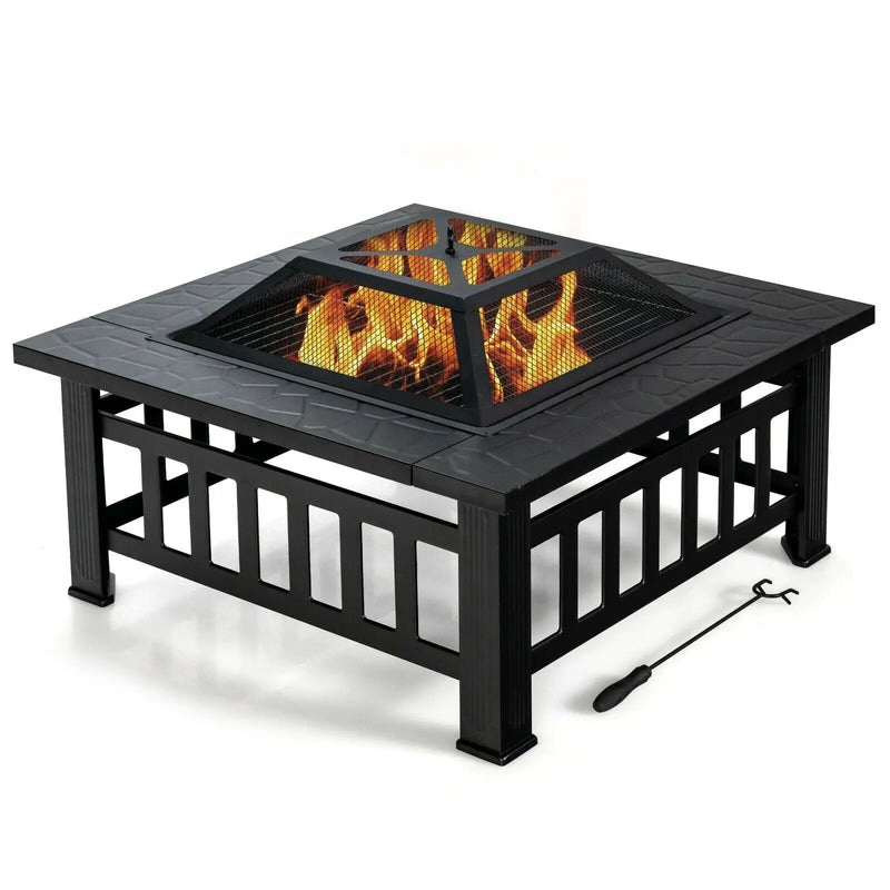 32 Inch 3 in 1 Outdoor Square Fire Pit Table with BBQ Grill and Rain Cover for Camping by DirectDeals