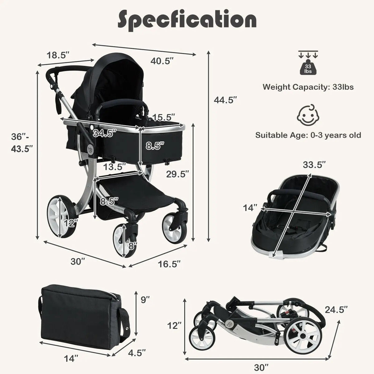 Folding Aluminum Infant Reversible Stroller with Diaper Bag, photo 4 of 10