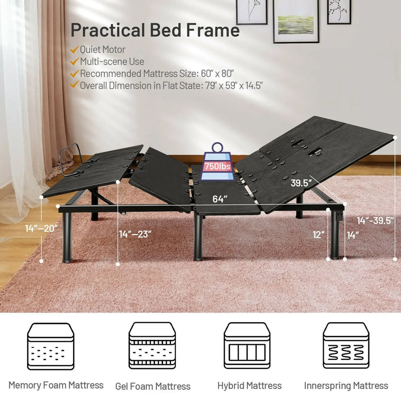 Queen Size Adjustable Bed Base with Head and Foot Incline by DirectDeals