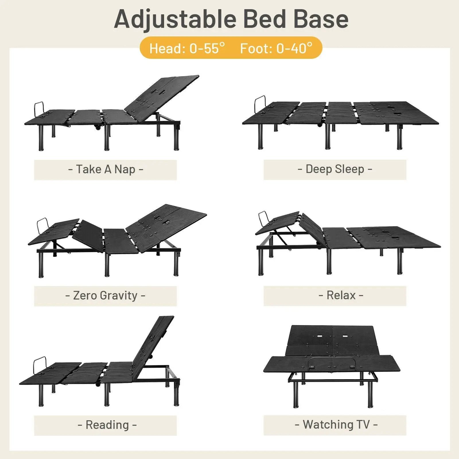 Queen Size Adjustable Bed Base with Head and Foot Incline by DirectDeals