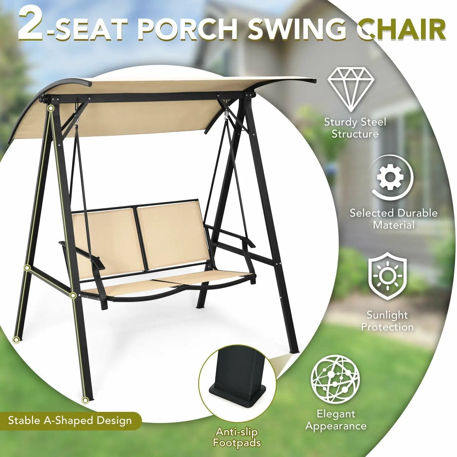 Outdoor Porch Steel Hanging 2-Seat Swing Loveseat with Canopy by DirectDeals
