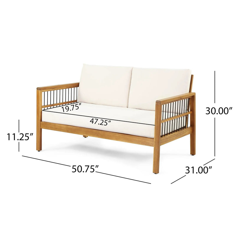 Outdoor Acacia Wood and Iron Loveseat and Coffee Table Set with Cushions, Teak by HouseOfZazla