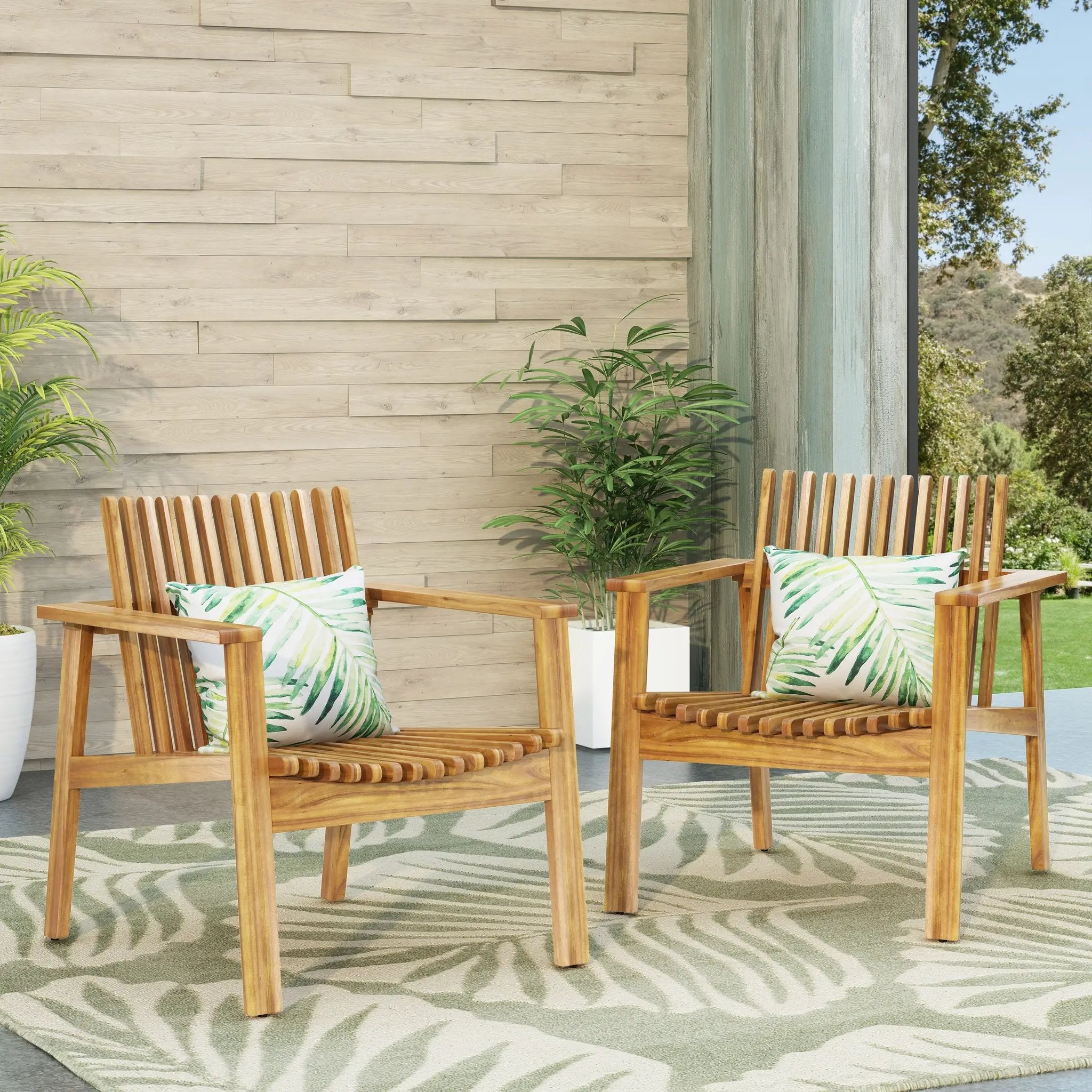 Outdoor Acacia Wood Slatted Club Chairs, Set of 2, Teak Finish by HouseOfZazla