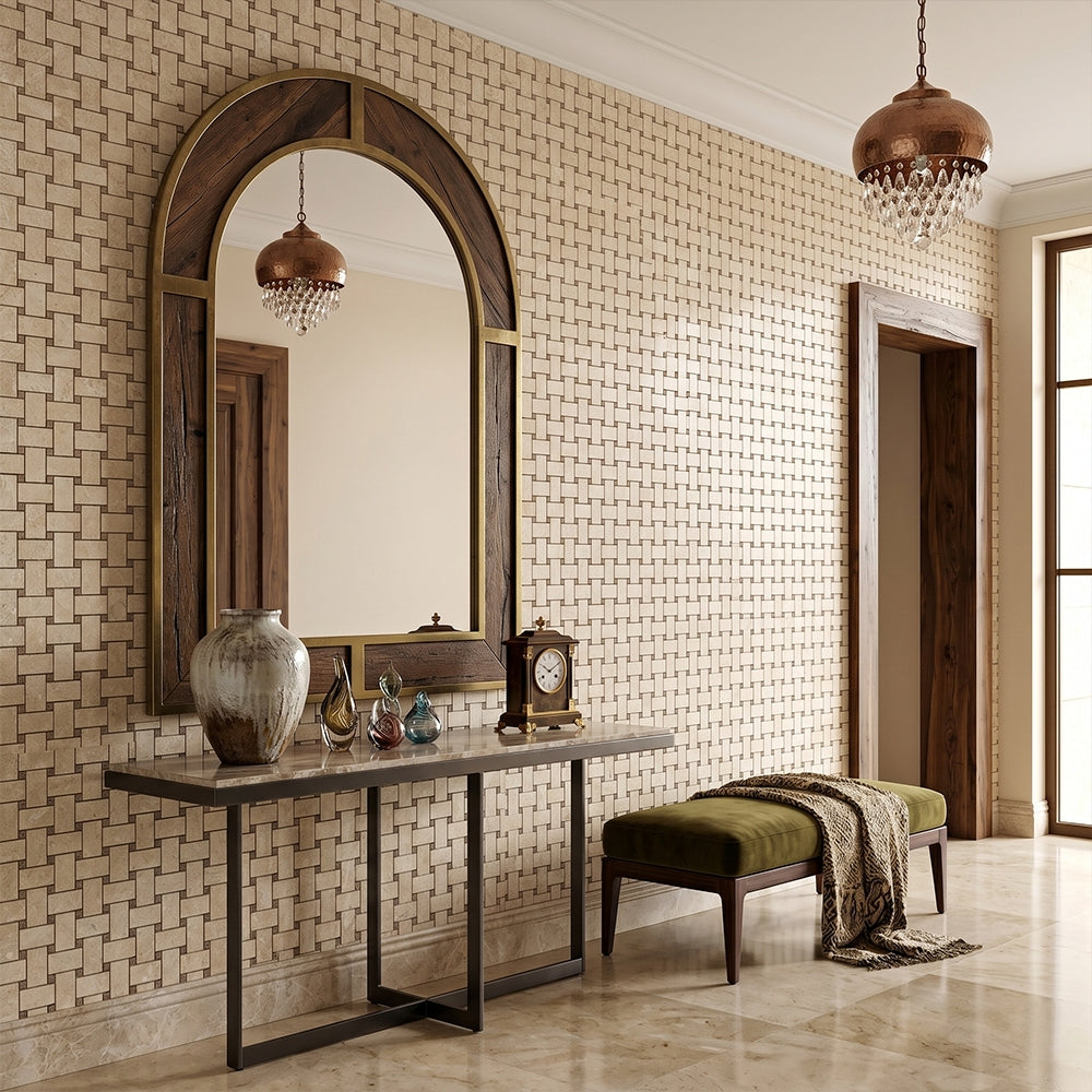 Delicate Beige Polished Basket Weave Marble Mosaics 12x12