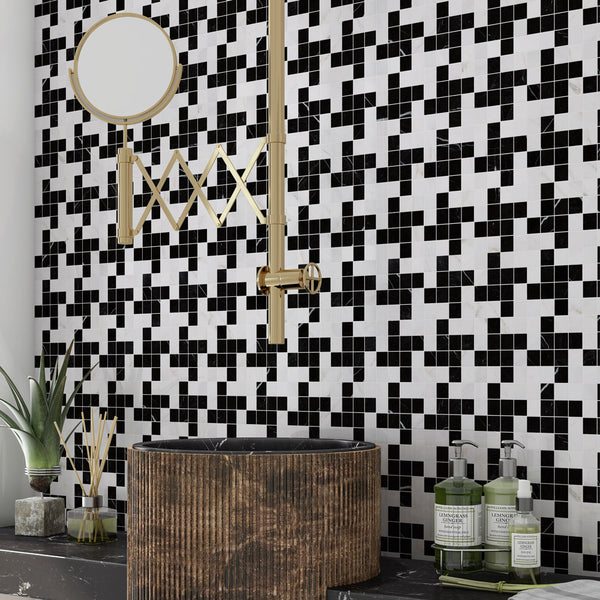 Black, Bianco Dolomiti Multi Finish Zig-zag Marble Mosaics 12x12