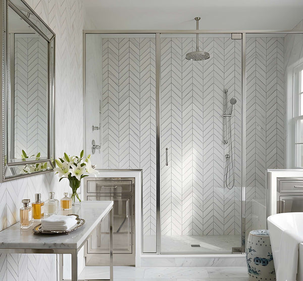 Bianco Dolomiti Polished Chevron Waterjet Marble Waterjet Mosaics 13x10