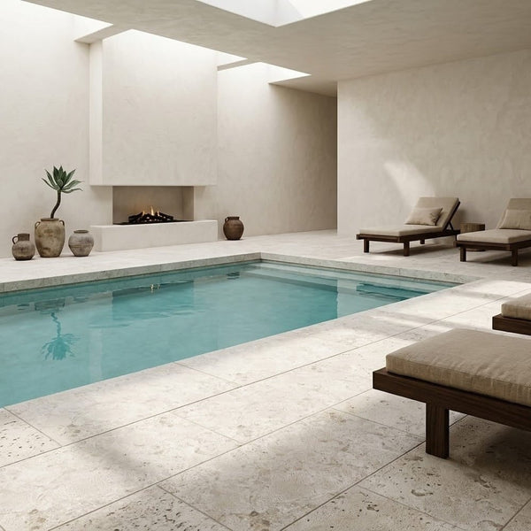 Indoor pool surrounded by warm beige travertine tile with lounge chairs