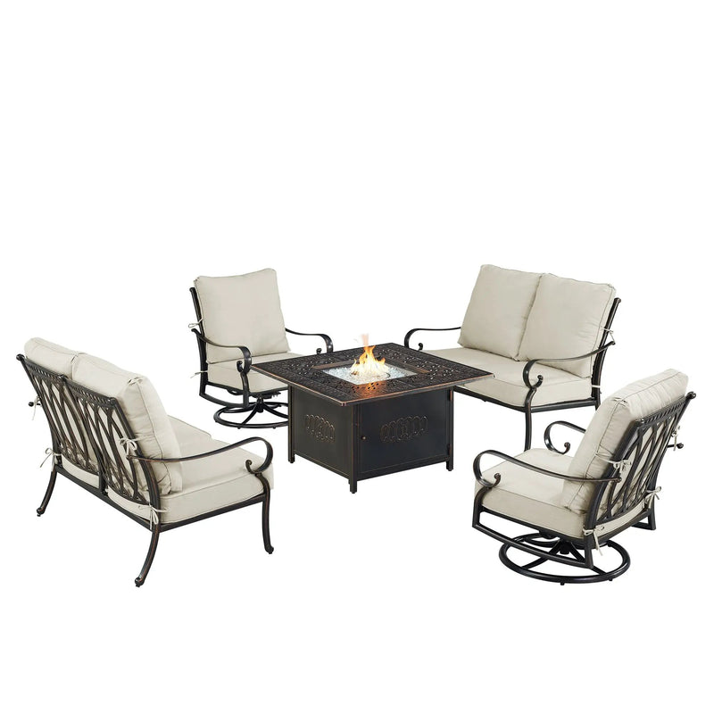 Black Aluminum Fire Table Set with Two Loveseats and Two Club Chairs by Sharicks