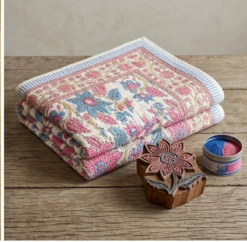 House of Avana Cream & Rose Pink Dusty Blue Floral Jaipur Indian Hand Block Print Quilted Comforter by House Of Avana