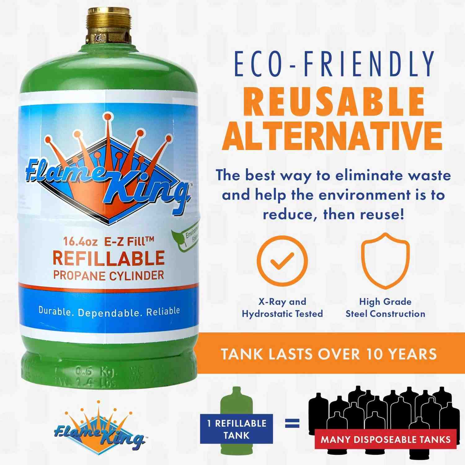 Flame King Eco Friendly 1lb Refillable Reusable Propane Cylinder + Refill Kit by Flame King Products