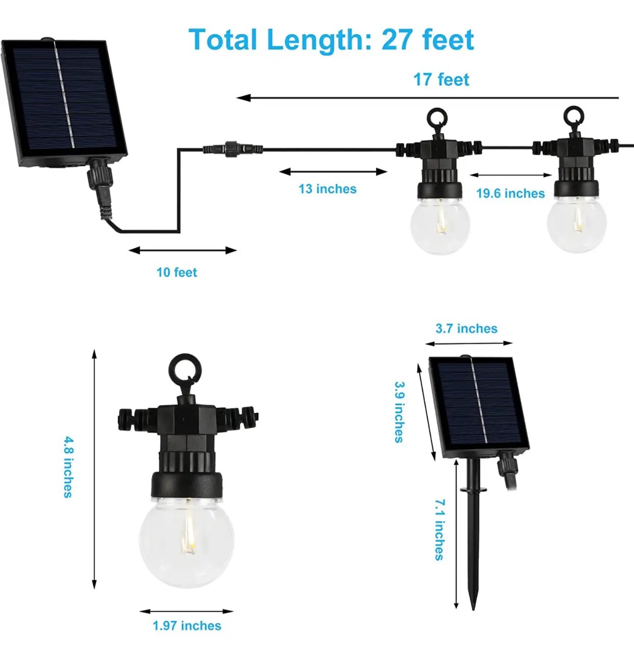 27 Ft Solar LED Outdoor String Lights – 1W Retro Edison Globe Bulbs Waterproof - 27 Ft Bistro Lights by Outdoor Solar Outlet